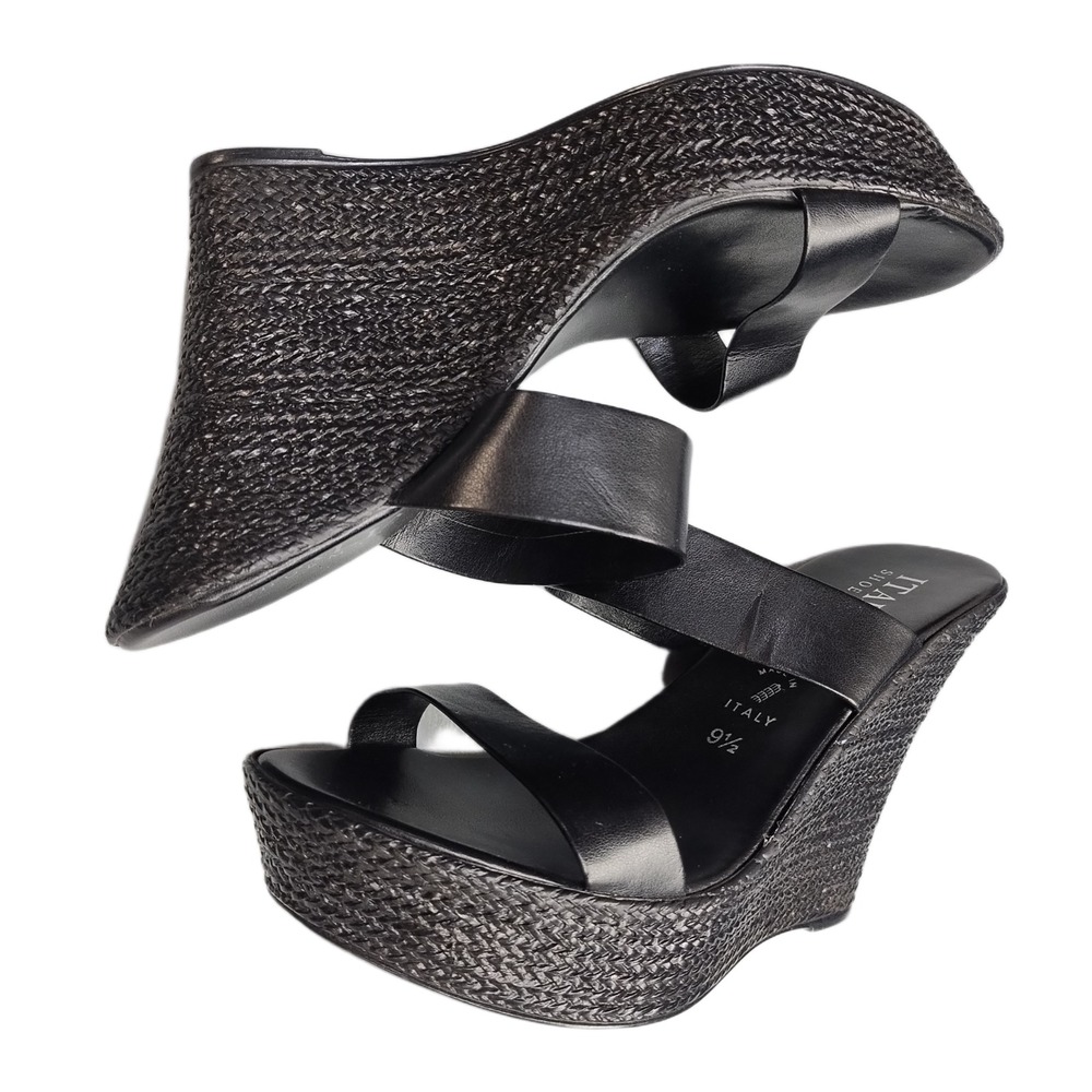 Italian Shoemakers Wedge Sandals Womens Size 9.5 Black Woven Textured Open Toe